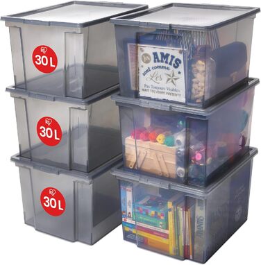 Iris Ohyama Versatile Storage Boxes, 30L, Set of 6, Gray, Easy-Closing Lid, Stackable, Plastic, For Closet, Shelves, Organization, Clothing, Bedding, Garage, USB-M