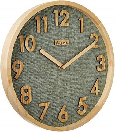 JIYUERLTD 30cm Wall Clock Silent Kitchen Clock Non-Ticking Quartz Wall Clocks Wooden Numbers 3D Display, Wooden Frame with Linen Face Clock for Home Office Classroom School. (Green)
