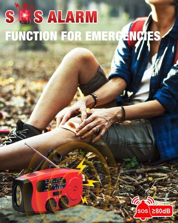 Радіо-пристрій на ручному валу Emgykit для надзвичайних ситуацій з сонячною батареєю та 3 LED-ліхтариками, 2000mAh, AM/FM/NOAA, SOS-функція, для кемпінгу, червоний