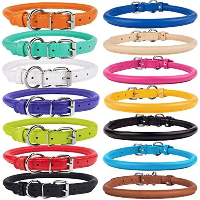 Шкіряний нашийник для собак CollarDirect, круглий, м'яко стьобаний, ручної роботи, з натуральної шкіри, для цуценят та дорослих собак, малих та великих порід, рожевий, червоний, фіолетовий, синій (темно-синій), 18-20 см