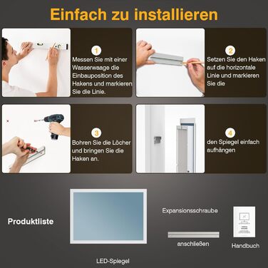 Дзеркало для ванної кімнати з підсвічуванням 50x70 см, LED, антизапарник, 2 кольори світла (3000K/6500K), прямокутне, горизонтальне/вертикальне, без рами