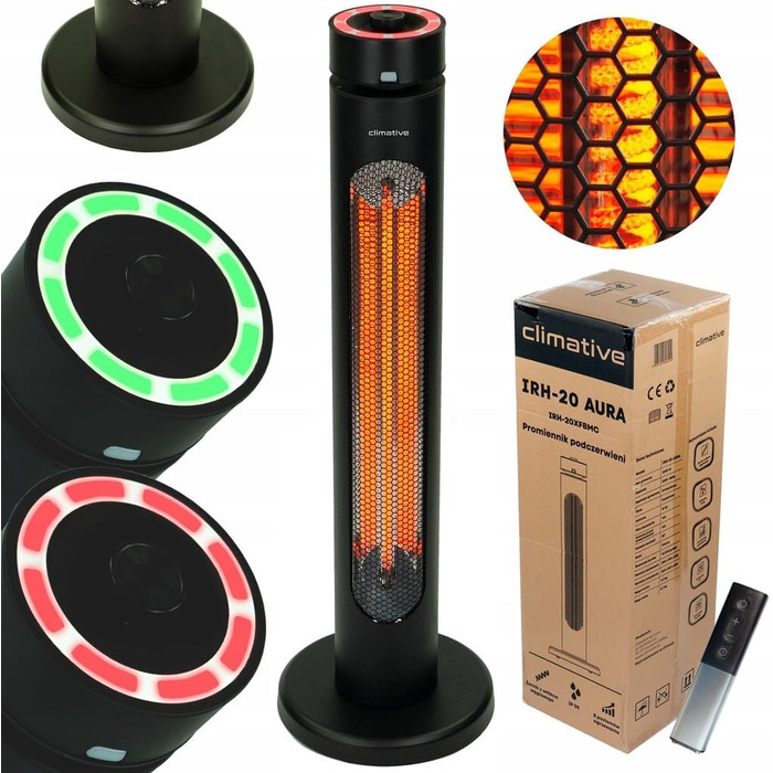 Інфрачервовий обігрівач Climative 2500W з 9 рівнями, IP65 для тераси та приміщення, настінний, з пультом та таймером, чорний (Aura)