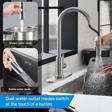 Змішувач кухонний поворотний 360° з висувною лійкою, нержавіюча сталь, гаряча/холодна вода, 2 режими струменя, G3/8'', кухонний