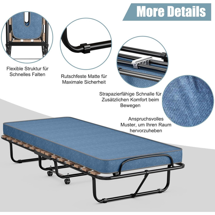 COSTWAY Гостьове ліжко 80x190 см з матрацом з memory foam, складане односпальне ліжко, металевий каркас до 130 кг, ліжко-трансформер на колесах, для вітальні/гостьової кімнати, блакитне