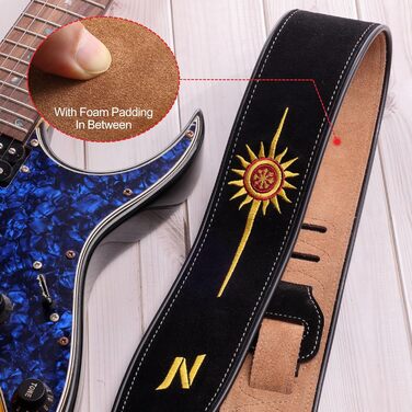 Гітарний ремінь Nefelibata з вишивкою 'n', 2.7', з баварської шкіри, з шампуруванням, для акустичної, бас та електрогітари (Золоте Сонце)