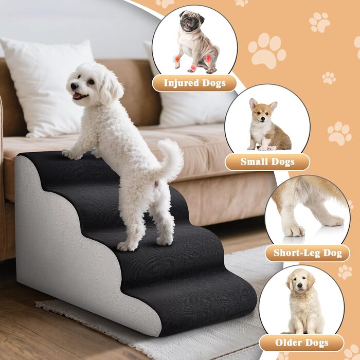 Сходинки для тварин JUOIFIP на 4 сходинки, для маленьких собак, з щільним губчатим матеріалом, неслизькі чорно-сірі сходинки для собак та котів