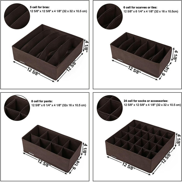 Styleys Set of 4 Foldable Storage Boxes, Drawer Dividers, Odorless Interior Lining, Storage Boxes, Closet Organizer, Under-Bed Organizer for Clothes, Shoes, Underwear, Bras, (Black - S1014)