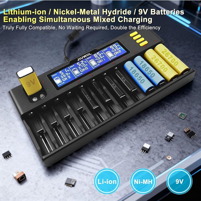 Зарядний пристрій для акумуляторів 18650 JIUWIIL з LCD-дисплеєм, універсальний, 12+2 слоти, для Li-Ion, LiFePO4, 26650, 17500, 16340, 18650, 14500, 10440 та 9V акумуляторів