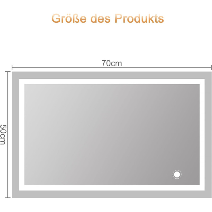 Дзеркало для ванної кімнати з підсвічуванням 50x70 см LED, з сенсорним вимикачем, срібне