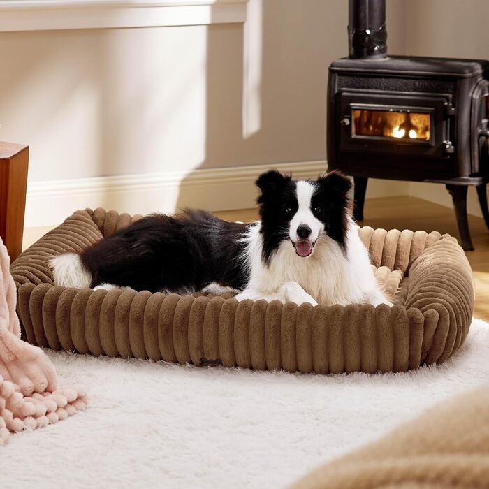 BEDSURE Fluffy Dog Bed - Medium-Sized Dogs - 76x61x20 cm Cord Fleece Dog Sofa Washable Dog Beds High Rim, (L 109 x W 76 x H 20 cm, Brown)