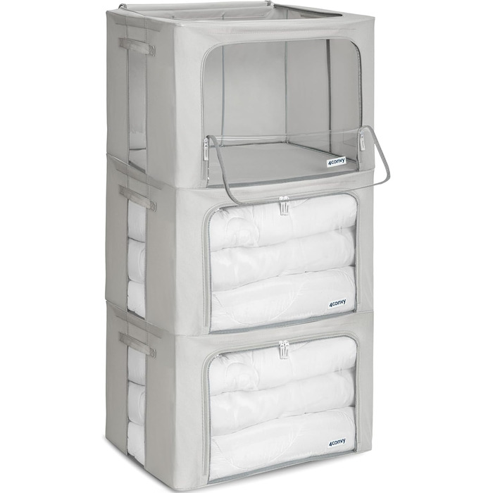 Folding Storage Box with Zipper, Metal Frame - [2024 IMPROVED MATERIAL] Duvet Storage Bag - Sturdy Clothing Storage Box (Gray, 3x100L)