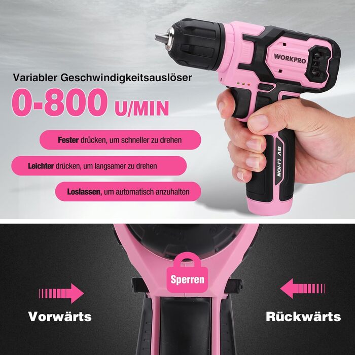 WORKPRO 8V акумуляторний дриль-шуруповерт, комплект з кейсом, 2000 mAh, 10 мм патрон, 12 Н·м, LED-ліхтик, 21 шт. аксесуарів, для ремонту та DIY, сірий & зелений (рожевий & чорний)
