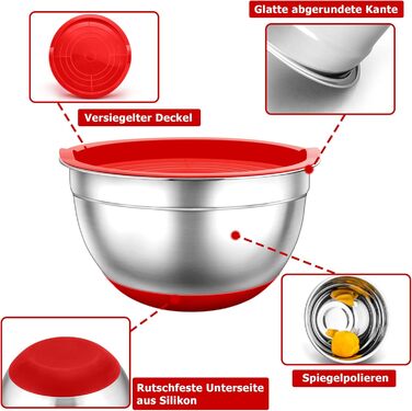 TEAMFAR Mixing Bowl Set, 7-Piece Stainless Steel Bowl Salad Bowl Set with Airtight Lids and Silicone Bottom, Nesting & Dishwasher Safe, 0.7L / 1.2L / 1.5L / 2.5L / 2.8L / 3.5L / 6.5L, red
