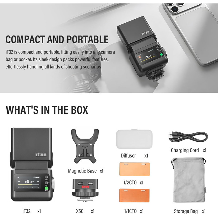Godox IT32: Світловий прилад для камери Canon з TTL, X5C, GN18, 510 спахів, сенсорний екран та LED-підсвічуванням