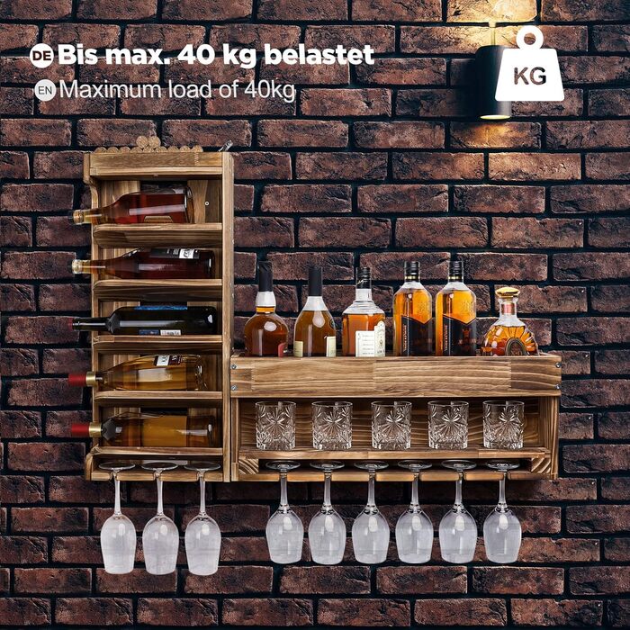 Стійка для вина Yorbay з підігрітим деревом, настінна з тримачем для корку, для келихів для вина та віскі, утримувач для пляшок, домашній бар, вінтаж, подарунок (без LED)