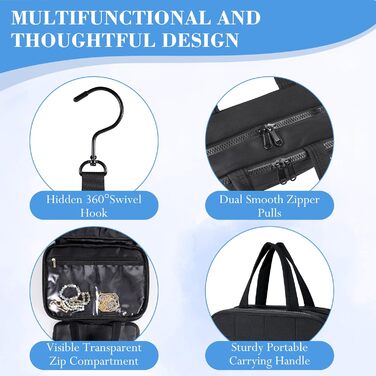 Сумка-органайзер для косметики та аксесуарів для жінок з гачком, чорна. Водонепроникна дорожня сумочка з кількома відділеннями