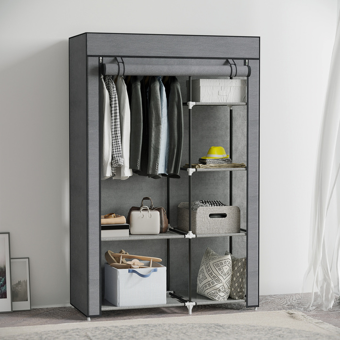 HOMCOM Clothes Closet Fabric Wardrobe with Clothes Rail, 6 Compartments, Foldable Wardrobe in Felt-like Fabric, Folding Closet for Bedroom, Hallway, Dark Grey, 103 x 43 x 162.5 cm | Aosom