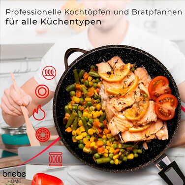 Набір посуду Induktion BRIEBЕ 12-ти частинний: 4 казани з алюмінію, 2 сковорідки з антипригарним покриттям ILAG GRANITEC (без PFOA), кришки зі скла, рукавички з силікону. Підходить для індукційних, газових плит та духовки.