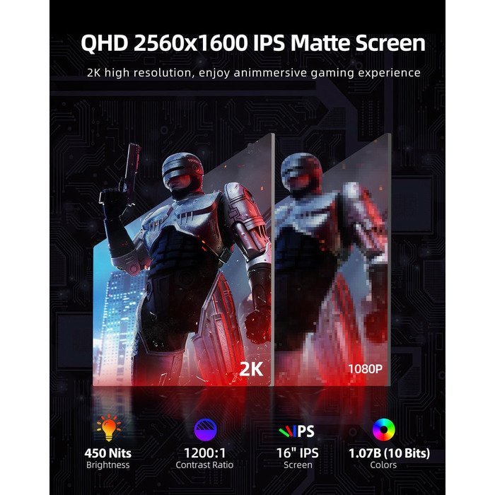 Монітор UPERFECT 2K 144Hz 16 дюймів: Портативний дисплей QLED з Mini HDMI та USB-C для ПК, ноутбука, телефону, Xbo, Switch, PS4/5 (VESA)