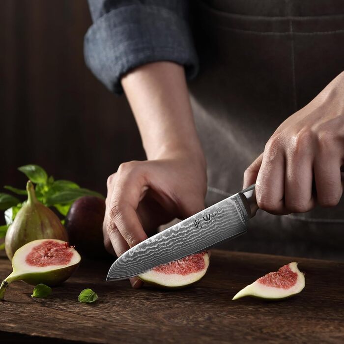 Професійний кухонний ніж Santoku Wakoli Edib Damast 12 см з 67-шарової дамаської сталі VG10, рукоятка з пакка-дерева, у подарунковій коробці