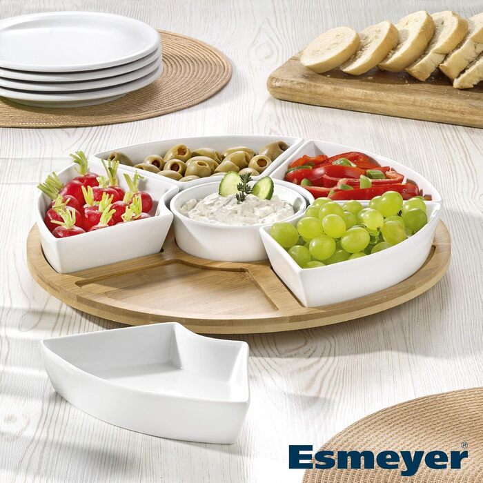 Esmeyer Caterado Rotating Serving Tray SUSAN with 6 white porcelain bowls and a bamboo tray, 34 x 34 x 6.5 cm
