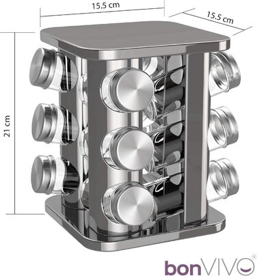 Сумка-органайзер для спецій bonVIVO Rondo, поворотна підставка для 12 баночок, нержавіюча сталь, срібно-хромовий колір