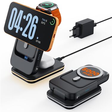 GEEKERA 3-в-1 Магнітна бездротова зарядка Powerbank 5000mAh: для iPhone 12-17, Apple Watch, AirPods, Samsung Galaxy - Чорний