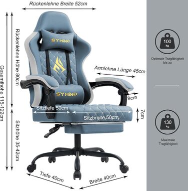Геймерське крісло Symino Racing – ергономічне крісло для геймерів з підтримкою попереку, регульованими підлокітниками, підставкою для ніг, оббивка PU шкіра (блакитний), витримує до 200 кг