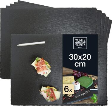 Набір з 6 сланцевих сервірувальних дощок Moritz & Moritz 30x20 см з крейдою – сервірувальні сланцеві підноси для буфету, суші, сиру та декору