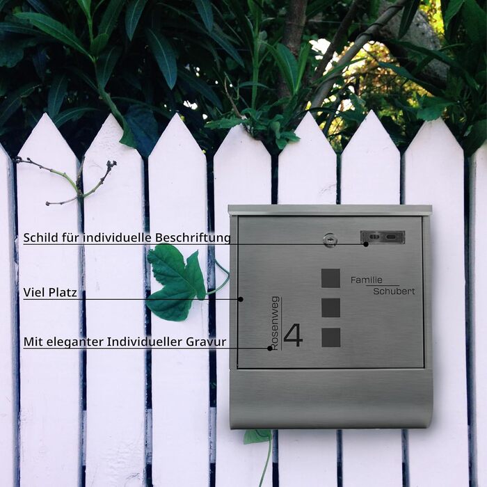 Поштовий ящик Grafner з нержавіючої сталі, персоналізований, з газетницею та 2 ключами. Гравіювання імені, вулиці та номера будинку. Комплект для монтажу входить.