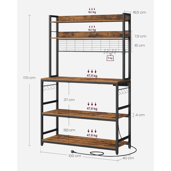 Стелаж кухонний VASAGLE з розетками, для мікрохвильової печі, з решіткою, 14 гачків, антрацит-чорний (40 x 100 x 170 см, Вінтаж-коричневий + Чорний)