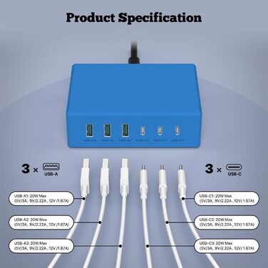 Зарядний пристрій USB-C 120W GaN, багатопортова станція 6 портів для iPhone/Samsung/Google/планшетів, синій