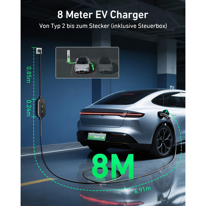 Кабель для зарядки електромобіля Evjuicion Typ 2 Schuko, 3,68kW, 6м, 16A, з індикатором, IP67, для ID.3/4, X1, 5ER, Model Y/3 та інших електромобілів