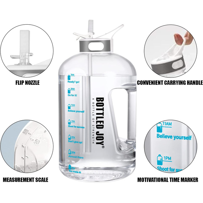 Water Bottle with Straw, 1 Gallon/ 3.5L BPA-Free Leak-Proof Plastic Sports Bottle, Water Bottle with Time Markers, Drinking Bottle for Fitness, Office, Outdoor, Home