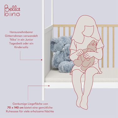 Bellabino Nika Babybett in Hausoptik 70 x 140 cm, crib and house bed for children and babies made of solid pine wood in blue, 3-fold height adjustable including slatted base.