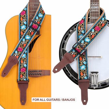 Гітарний ремінь Nefelibata Banjo-Gurt, 5,1 см, повна шкіра з телячої шкіри, вишивка квітів