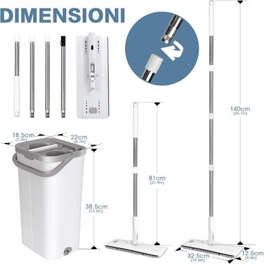 Набір для миття підлоги з відром, Masthome - компактний моп та відро з віджиманням, 3 мікрофібрових насадок та нержавіюча ручка, 2 в 1, для дерев'яних, плиточних та мармурових підлог (білий)