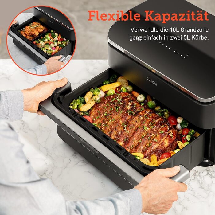 Аерофритюрниця COSORI Dual Blaze XXL 10л, 2 камери, 8-в-1, подвійна чаша, знімний роздільник, нижній нагрів, 70 рецептів, для 2-6 осіб, чорна