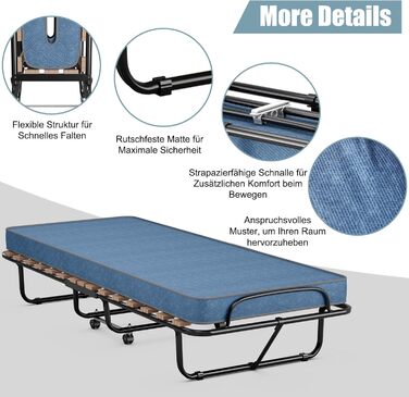 COSTWAY Гостьове ліжко 80x190 см з матрацом з memory foam, складане односпальне ліжко, металевий каркас до 130 кг, ліжко-трансформер на колесах, для вітальні/гостьової кімнати, блакитне