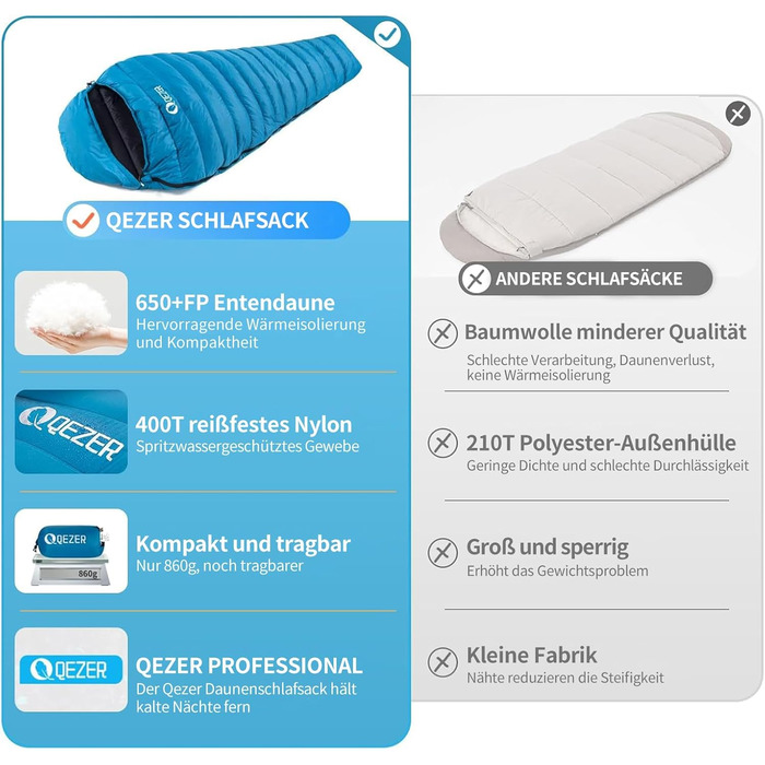 Сплячий мішок для дорослих та дітей, легкий зимовий спальник Outdoor 8°C ~ -30°C для кемпінгу та альпінізму з 650 FP гусячим пухом, блакитний, 500г пуху