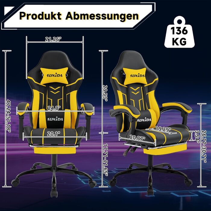 Ігрове крісло SUKIDA Ergonomic Gaming Chair з підніжкою та підтримкою попереку, комп'ютерне офісне крісло (Чорно-жовте)