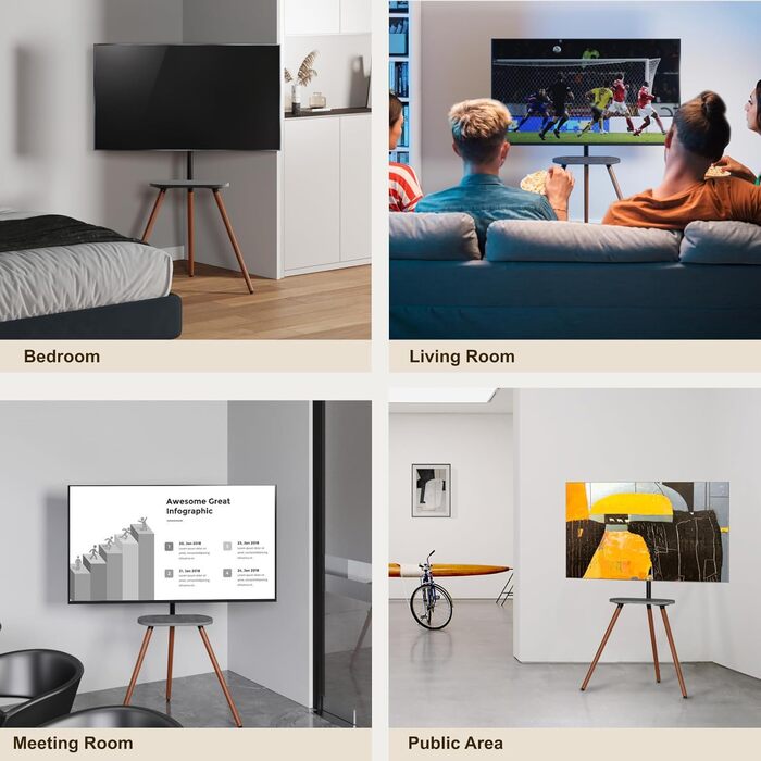 Підставка для телевізора 43-65 дюймів: регульована, поворотна, з дерев'яною полицею, VESA 400x400, чорний, мінімалістичний дизайн