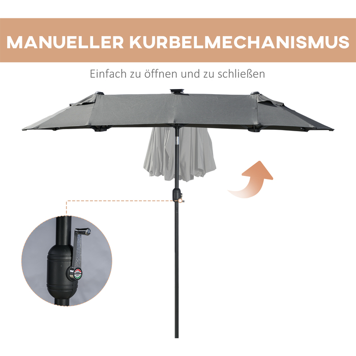 Сонцезахисний парасолька Outsunny Doppelsonnenschirm, 295 x 219 см, парасолька з LED-підсвічуванням, овальна, вітростійкий садовий парасоль, стабільний, парасолька для ринку з регульованим кутом нахилу для тераси, басейну, поліестер, сталь, темно-сірий | 