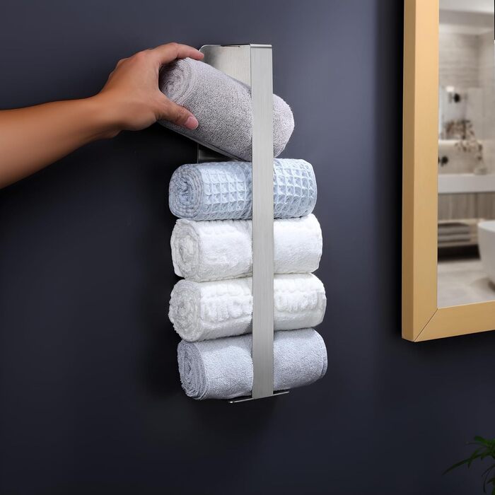 Тримач для рушників ZUNTO без свердління, для гостей, самоклеючий, бамбук, нержавіюча сталь, 40 см, матовий срібло