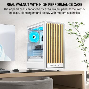 Корпус для ПК FOIFKIN з дерев'яною передньою панеллю з горіха, 4 PWM ARGB вентилятори, ATX Mid-Tower, USB Type-C, (M1, Білий)