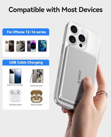 Power Bank Orico Kada Magsafe 5000mAh – Бездротовий павербанк з USB-C, Магнітне підключення, 20W PD, сумісний з iPhone 16/15/14/13/12