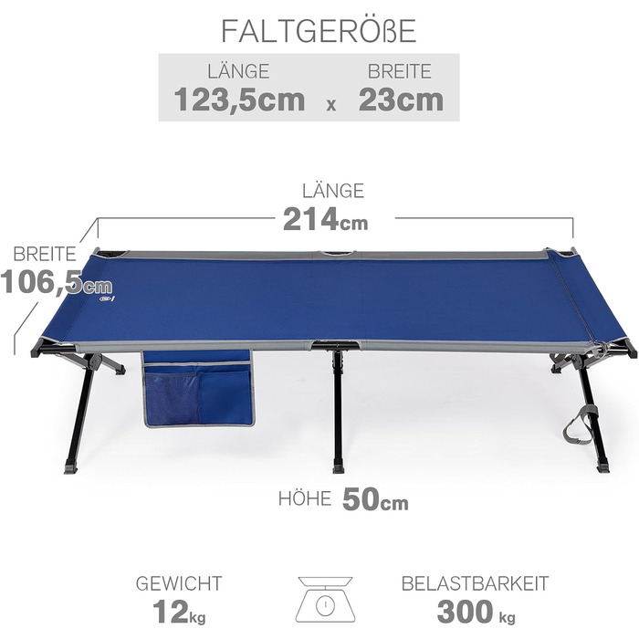 Розкладне ліжко EVER ADVANCED 214x106 см, 300 кг, блакитне - для кемпінгу, відпочинку на природі та дому