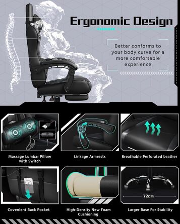 Ігрове крісло Yaheetech Ergonomic Gaming Chair з функцією масажу, підставкою для ніг та регулюванням спинки 90-135°, офісне крісло для геймерів та дому, чорне