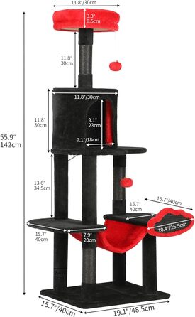 Котячий комплекс YITAHOME XXL, 142 см, з 8 стовпчиками сизалю, 3 платформами, 2 хованками, гамаком, іграшками, чорно-червоний
