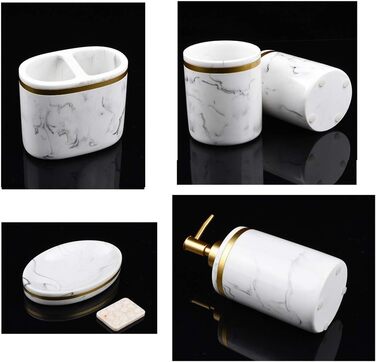 Набір аксесуарів для ванної кімнати 5 шт. з імітацією мармуру (білий + золото/чорний), включає: дозатор мила, стакан для зубної щітки, мильниця, тримач для зубних щіток, набір для ванної кімнати